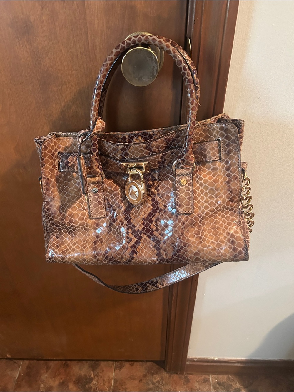 MICHAEL Michael Kors Brown Snake-Print Patent Satchel with Gold Hardware